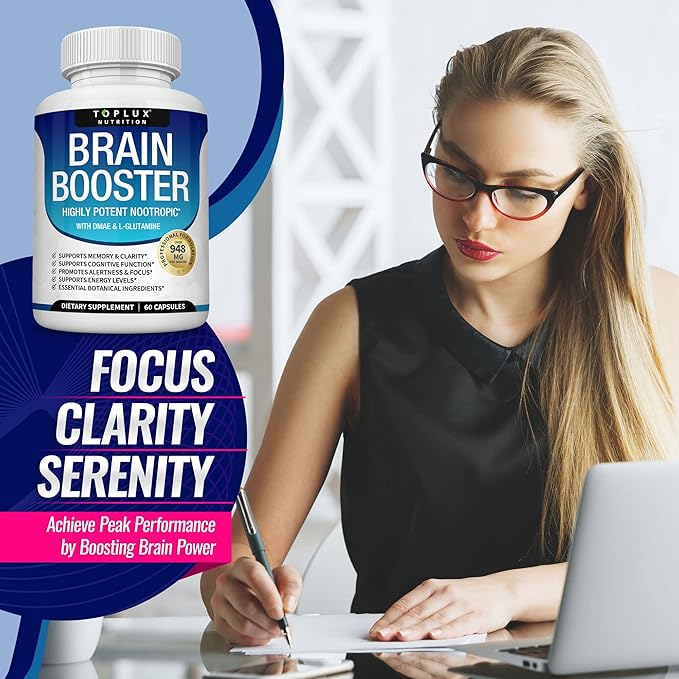 Toplux Brain Supplement Nootropic – Brain Pills Vitamin with DMAE, Bacopa Monnieri, L-Gutamine, for Men Women, 60 Capsules, Nutrition