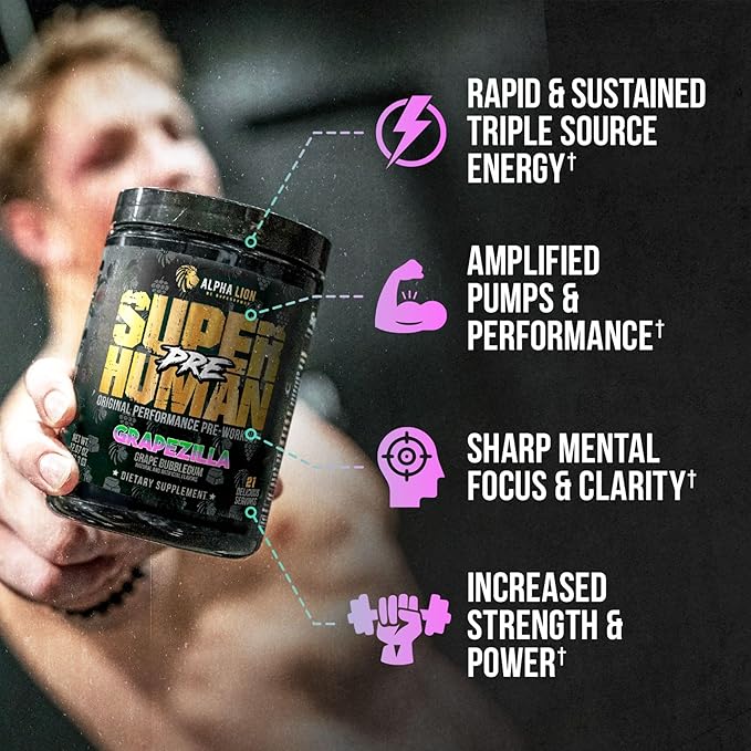 ALPHA LION Superhuman Pre Workout Powder, Beta Alanine, L-Taurine & Tri-Source Caffeine for Sustained Energy & Focus, Nitric Oxide & Citrulline for Pump (21 Servings, Grapezilla)
