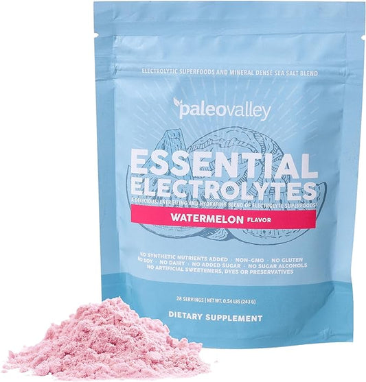 Paleovalley Essential Electrolytes Powder - Full Spectrum Watermelon Electrolyte Powder for Hydration, Energy and Muscle Recovery - No Sugar Added - 28 Servings