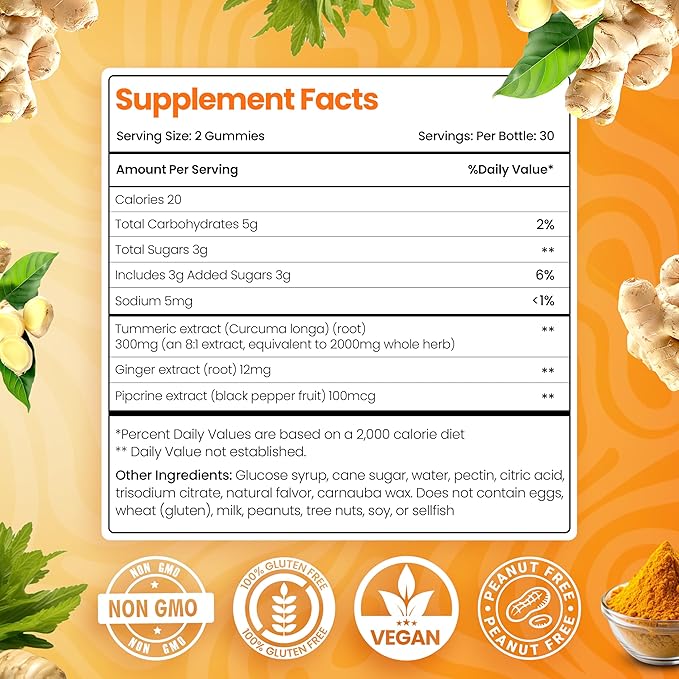 Turmeric Curcumin Gummies for Adults - Extract 8:1 2000mg - Black Pepper and Ginger Supplements for Joint Support - Vegan Chewable Vitamins Supplement - Peach Flavor Turmeric Gummy Chews