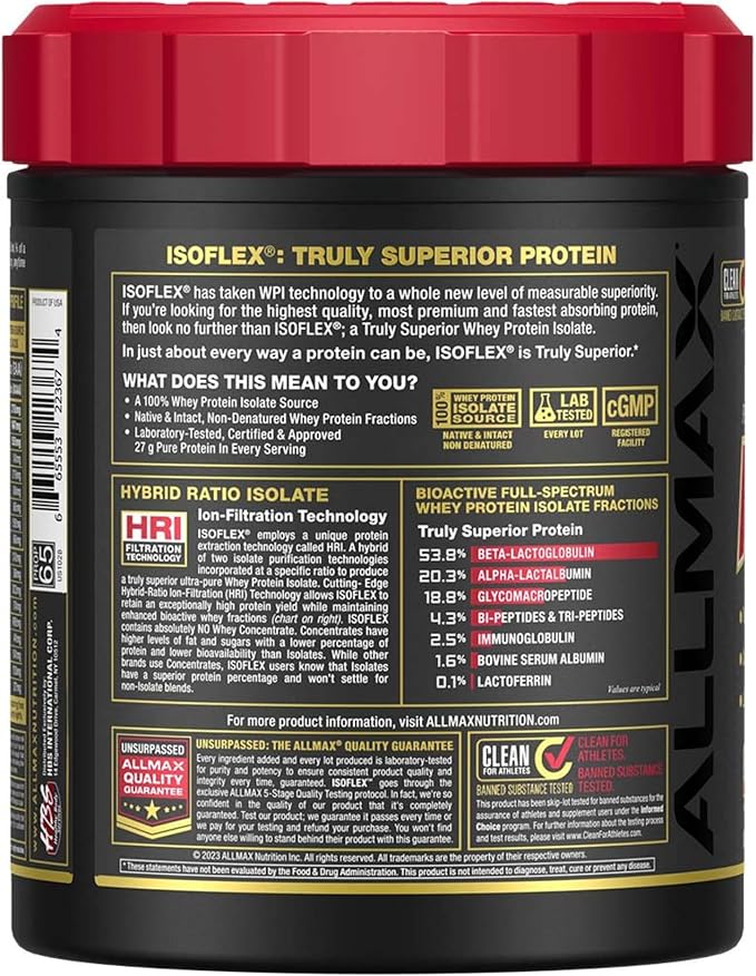 ALLMAX ISOFLEX Whey Protein Isolate, Vanilla - 1 lb - 27 Grams of Protein Per Scoop - Zero Fat & Sugar - 99% Lactose Free - Gluten Free & Soy Free - Approx. 15 Servings