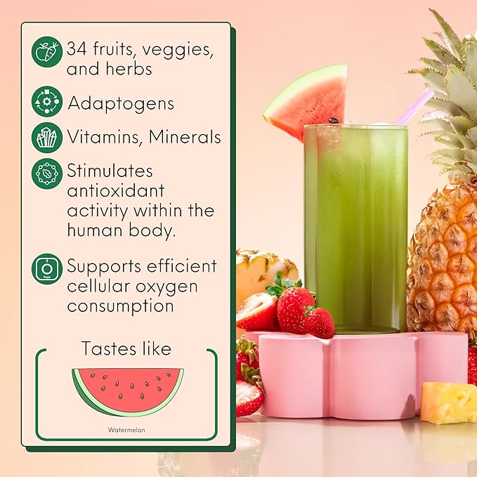 Kiala Nutrition Super Greens, Organic Greens Powder with Spirulina & Chlorella for Digestion, Gut Health, Immunity & Energy, Gluten Free, Vegan, Daily Support for Women, Watermelon Slush, 30 Servings