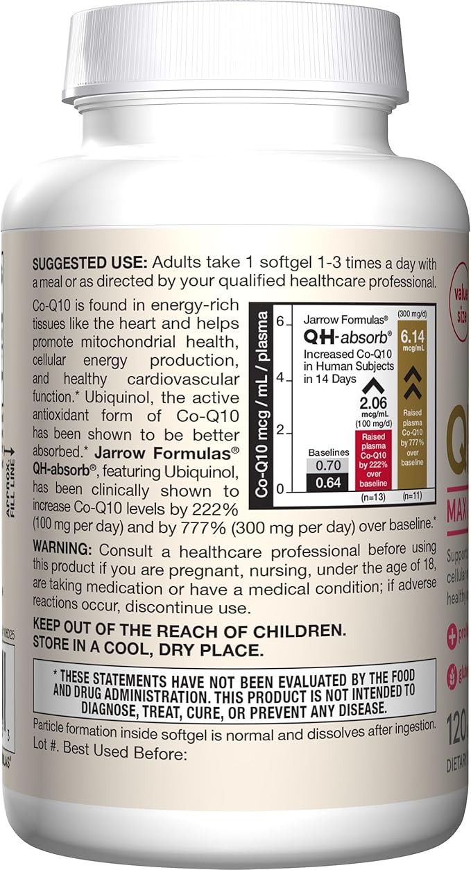 Jarrow Formulas QH-Absorb, 100 mg, Ubiquinol Dietary Supplement for Healthy Cardiovascular Function, 120 Softgels, 120 Day Supply,12 Packs