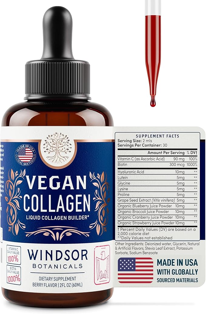 Vegan Collagen Builder Liquid Supplement - Collagen Booster with Vitamin C, Biotin, Hyaluronic Acid & Amino Acids - Vegetarian Collagen for Women, Organic Fruit & Vegetable Blend - 60ml, 30 Day