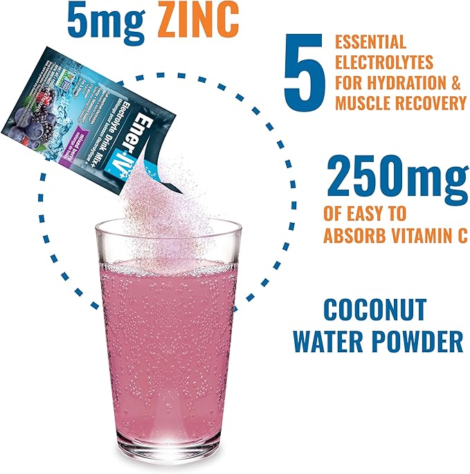 Ener-IV Electrolyte Hydration & Energy Drink Potassium Vitamin C & Zinc Electrolytes Powder Packets - Muscle Recovery & Immunity Sports Drinks for Women & Men Low Sugar Vegan, Mixed Berry - 24 Count