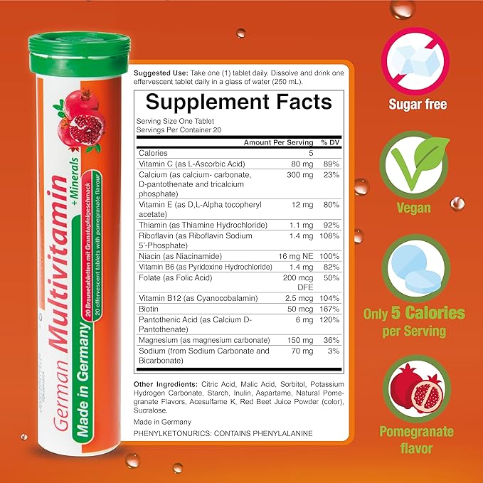 T&D German Multvitamin + Minerals 10 Vitamins 2 Minerals - 480 Vegan Drink Effervescent Tablets - Pomegranate Flavor - Made in Germany