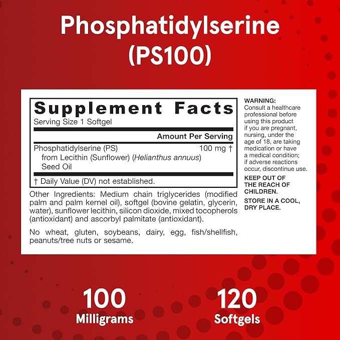 Jarrow Formulas PS100 Phosphatidylserine 100 mg, Dietary Supplement for Brain Health and Cognition Support, 120 Softgels, 40-120 Day Supply, Pack of 12
