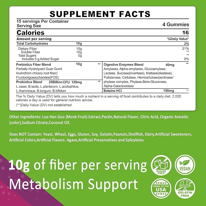 Fiber Gummies for Adults, Sugar Free 10g Prebiotic Fiber Supplement with Digestive Enzymes, Probiotics & 100mg Betaine for Digestive & Gut Health and Regulate Bowel Movement, Vegan, Gelatin Free,120ct