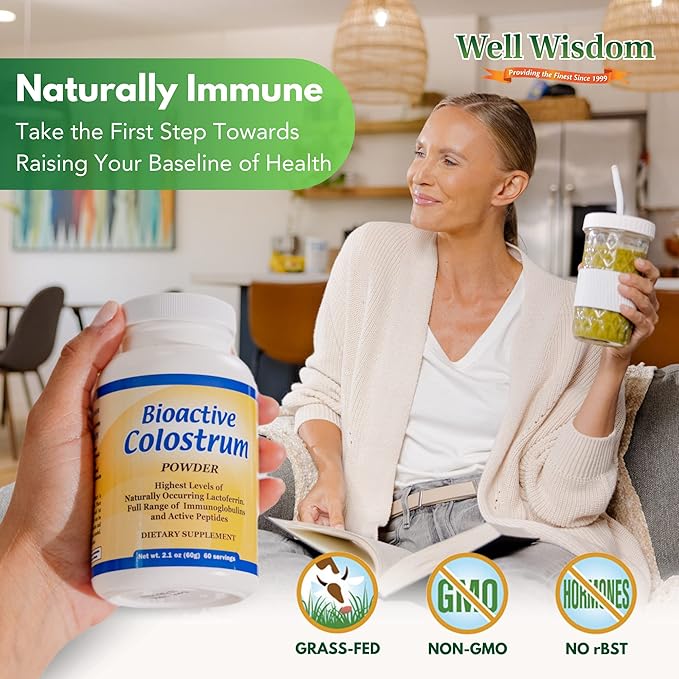 Bioactive Colostrum Well Wisdom 60g Bovine Colostrum Supplement Powder - Grass-Fed Year-Round Colostrum Powder Natural Immune Recovery Supplement