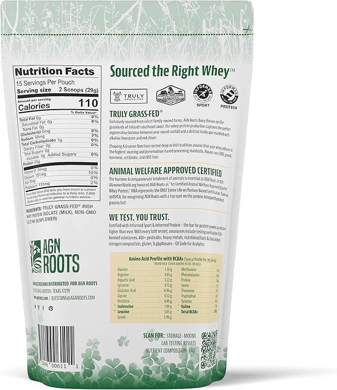 Grass Fed Whey Protein Powder Isolate - Unflavored - Unsweetened - Certified Entire Life On Pasture by A Greener World - ASPCA Registered - Informed Sport - Dairy Protein 1lbs