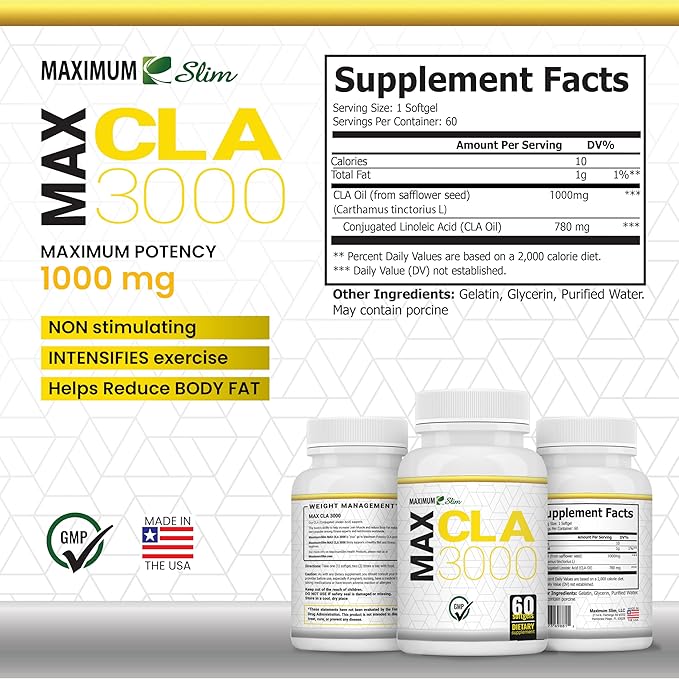 Maximum Slim MAX CLA 3000, High Potency, Natural Weight Loss Exercise Enhancement, Increase Lean Muscle Mass, Non-Stimulating, Non-GMO 95% Pure CLA, 90 Count