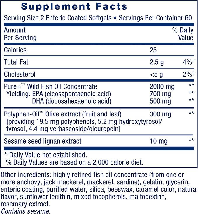 Life Extension Super Omega-3 EPA/DHA Fish Oil, Sesame Lignans & Olive Extract – Heart Health, Brain Health, Inflammation Health Support, Gluten-Free, Enteric-Coated, Non-GMO, 120 Softgels
