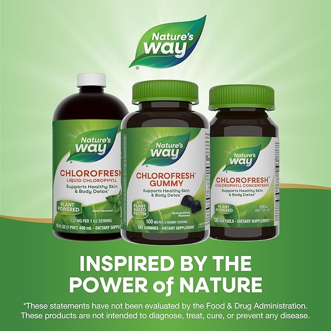 Nature’s Way Chlorofresh Chlorophyll Gummies, Supports Healthy Skin and Body Detox*, Internal Deodorant*, Orchard Fruit Flavored, 60 Gummies (Packaging May Vary)
