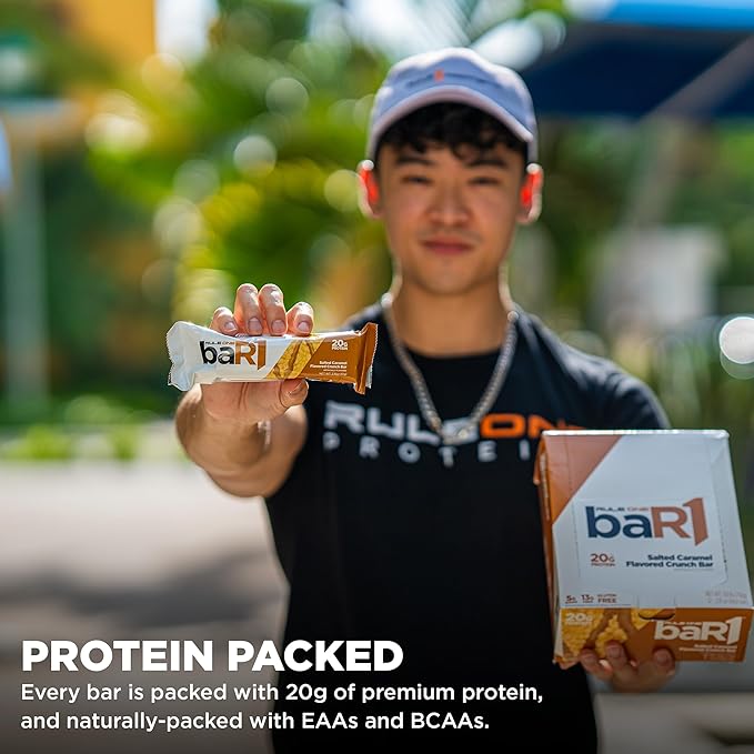Rule 1 baR1 Crunch Bar - On-The-Go Convenient Protein Snack Bars with 20g Premium Protein, Naturally-Packed with EAAs/BCAAs, Hunger-Filling Fiber (12 Count Box, Salted Caramel)