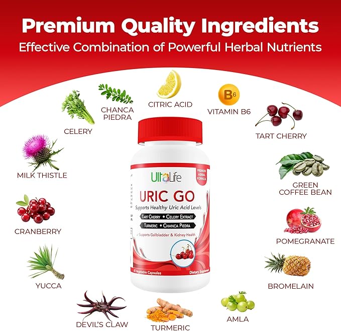 #1 URIC GO Uric Acid Cleanse Support Supplement for G.O.U.T - Natural Kidney Cleanse Detox Formula Chanca Piedra, Celery Seed, Tart Cherry, Cranberry, Pomegranate, Turmeric, Vegan Non-GMO 60 Capsules