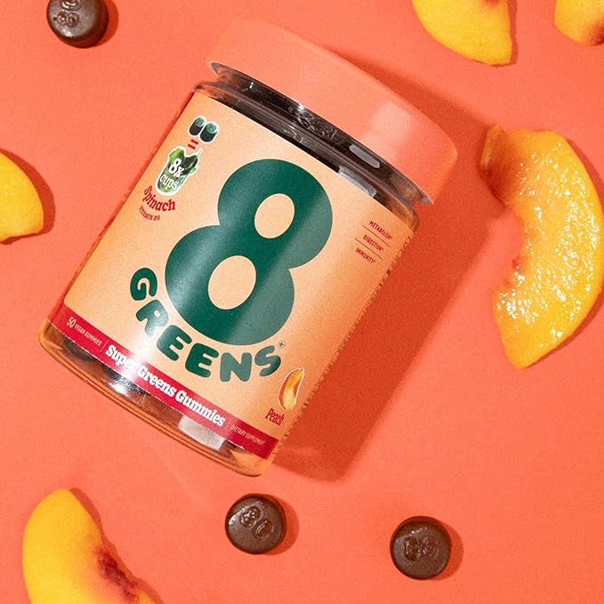 8Greens Supergreens Gummies | Super Greens Powder Superfood Gummy for Metabolism, Immunity & Focus, Digestive Health Enzymes, Organic: Chlorella, Spirulina, Aloe Vera, Peach Flavor, 50 Count