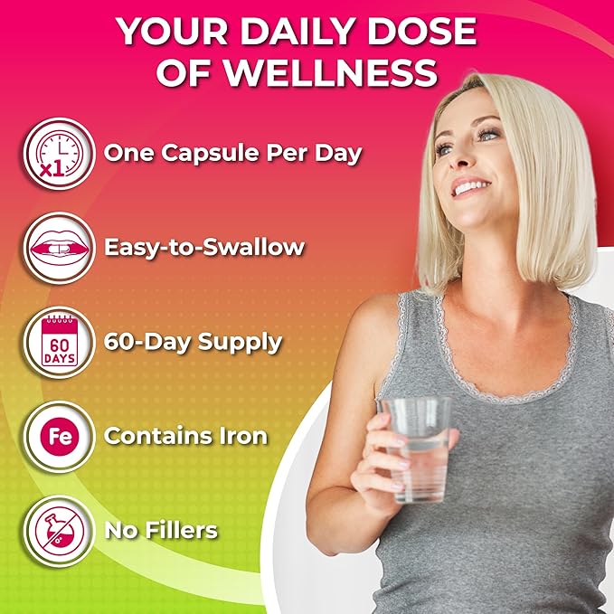 Women's Daily Multivitamin with Iron - Vegan Multivitamin for Women with Biotin, Organic Superfoods, B-Complex, Probiotics, Enzymes - Energy, Immunity, Gut Health Support - Easy to Swallow Capsules