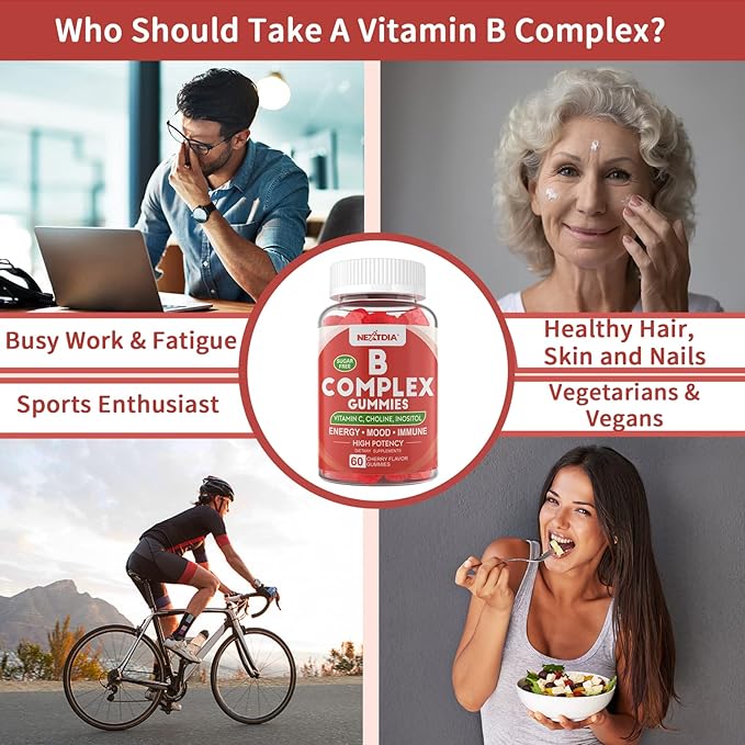Vitamin B Complex Gummies, Vegan Vitamin B Gummies with 2000 mcg Methyl B12, Methyl Folate | Plus Choline + Inositol, Vitamin C + Zinc for Supports Energy, Mood, Immune, Healthy Hair, Skin - 60 Cts