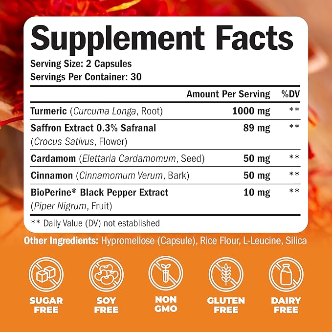Turmeric Saffron Supplements with Cinnamon powder & Cardamom - Antioxidant Joint Support Supplement Contains Turmeric Curcumin with Black Pepper for Mood, Memory, Eye Health & Well-Being - 60 Capsules