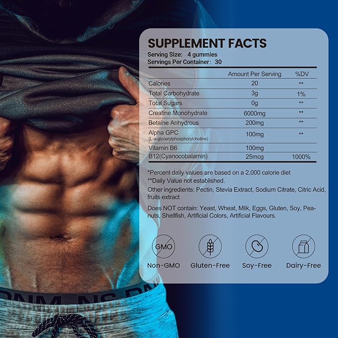 Creatine Monohydrate Gummies 6g for Men & Women, Potent Creatine Supplement, Chewables Creatine for Energy Boost, Increase Strength and Build Muscle, Gluten-Free, Sugar Free,120 Count