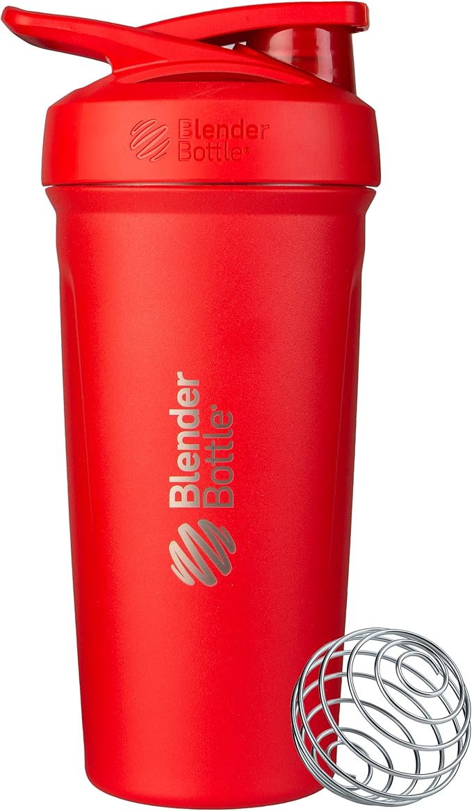 BlenderBottle Strada Shaker Cup Insulated Stainless Steel Water Bottle with Wire Whisk, 24-Ounce, Red