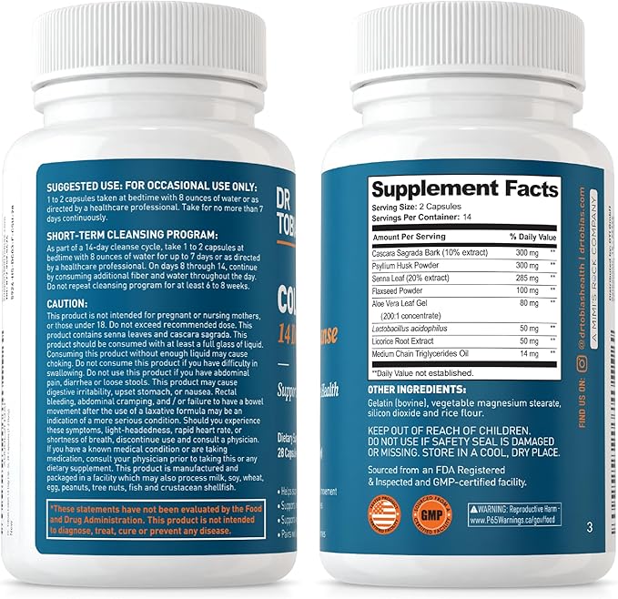 Dr. Tobias Colon 14 Day Cleanse, Advanced Gut Cleanse Detox for Women & Men with Cascara Sagrada, Psyllium Husk, Senna Leaf & Probiotics, Non-GMO Colon Cleanse, 3 Bottles of 28 Capsules (1-2 Daily)