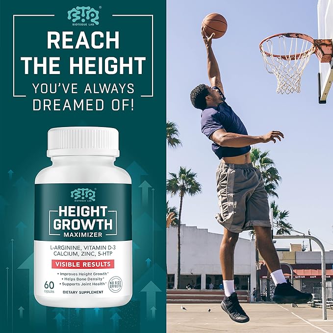 Height Growth Maximizer, Calcium, Vitamin D3 and Zinc Blend Pills, Bone Growth Supplement for Kids and Teens, Bone Strength, Density Support, GMO-Free, Gluten-Free, Made in USA, 60 Caps