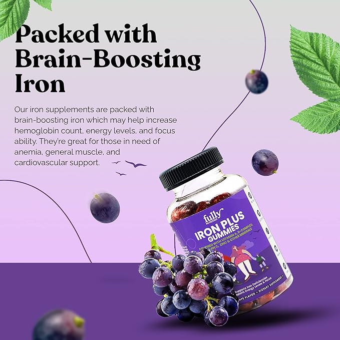 Iron Gummies Supplements for Adults (Women, Men) and Kids – Grape Flavor- Supports Anemia, Energy and Focus Levels – 100 Count