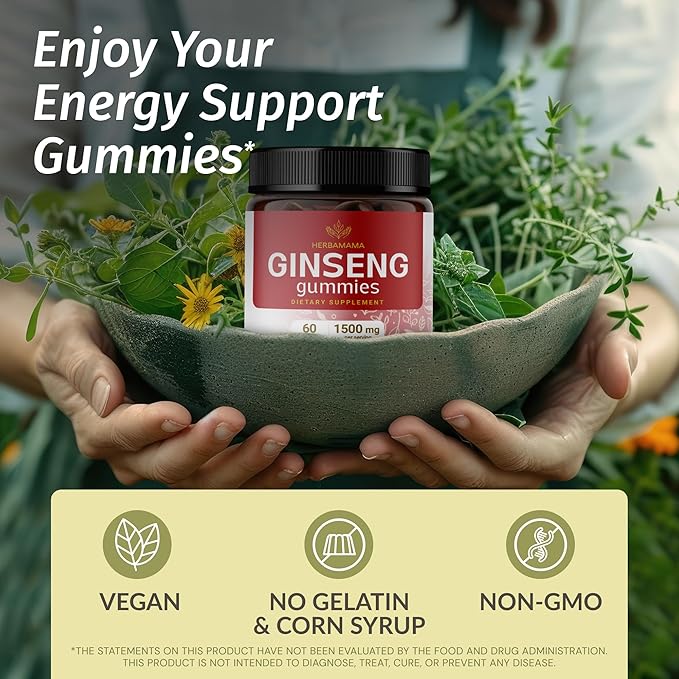 HERBAMAMA Korean Red Ginseng Gummies - 1500 mg Red Panax Ginseng Root Energy Supplements - Ginseng Supplement for Men and Women - Vegan, Gelatin-Free, Non-GMO - 60 Strawberry-Flavored Chews