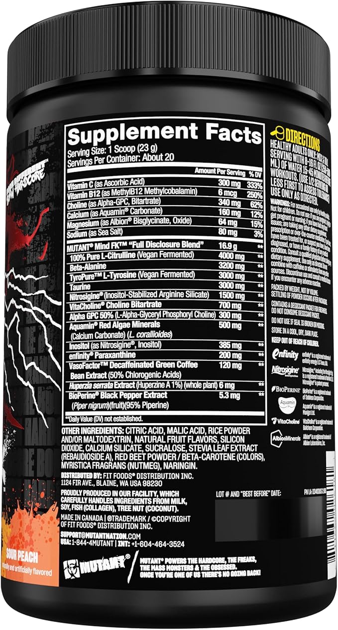 Mutant Mind FK - Epic Nootropic Pre-Workout - Brain Supplement for Mental Focus - 20 Serve - Sour Peach - 460g