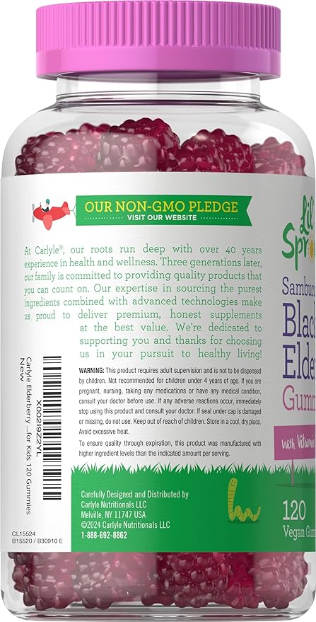 Carlyle Elderberry Gummies for Kids | 120 Count | Zinc and Vitamin C | Berry Flavor | Vegan, Non-GMO, and Gluten Free | by Lil' Sprouts