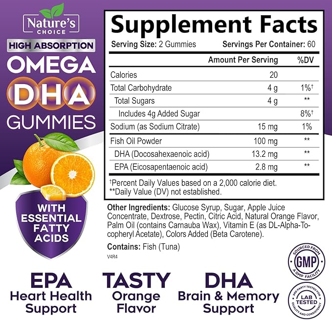 Omega 3 Fish Oil Gummies - Triple Strength Omega 3 Gummy Vitamins, High Absorption EPA & DHA Fatty Acids, for Heart Health & Brain Support, Nature's Fish Oil Supplement, Orange Flavor - 120 Gummies