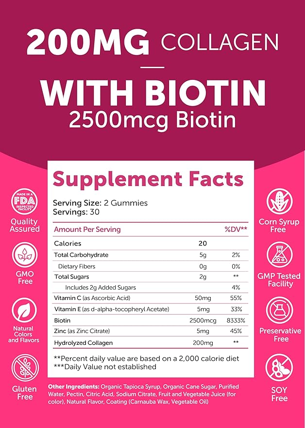 Collagen Gummies - Tastiest Proprietary Formula - 200mg Hydrolyzed Collagen Gummies for Women and Men with Biotin, Zinc, Vitamin C and E - Non-GMO Anti Aging Collagen Supplements for Women - 6 Pack