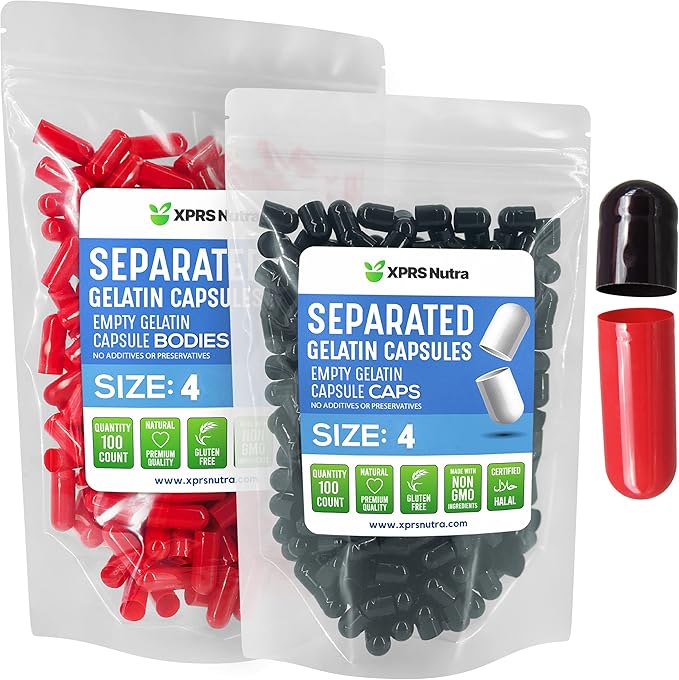 XPRS Nutra Gelatin Size 4 Separated Capsules - 100 Count Small Empty Capsules Separated in Bags - Empty Pill Capsules - Size 4 Gel Capsules Empty- Capsules Empty DIY Supplement Filling (Black/Red)