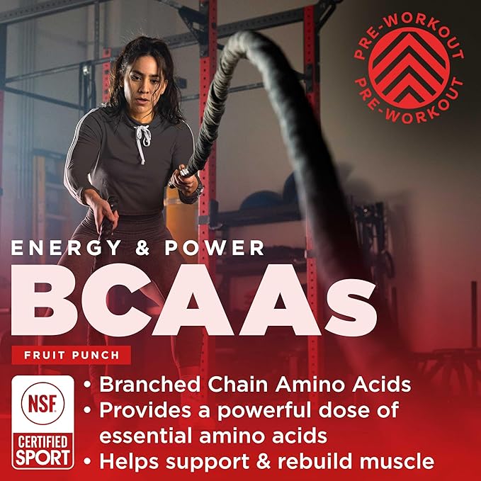 Gnarly Nutrition BCAA Powder - Pre-Workout BCAAS Amino Acids, NSF Contents Certified, Supplement to Support and Rebuild Muscle - Fruit Punch, Caffeine (10.58oz)