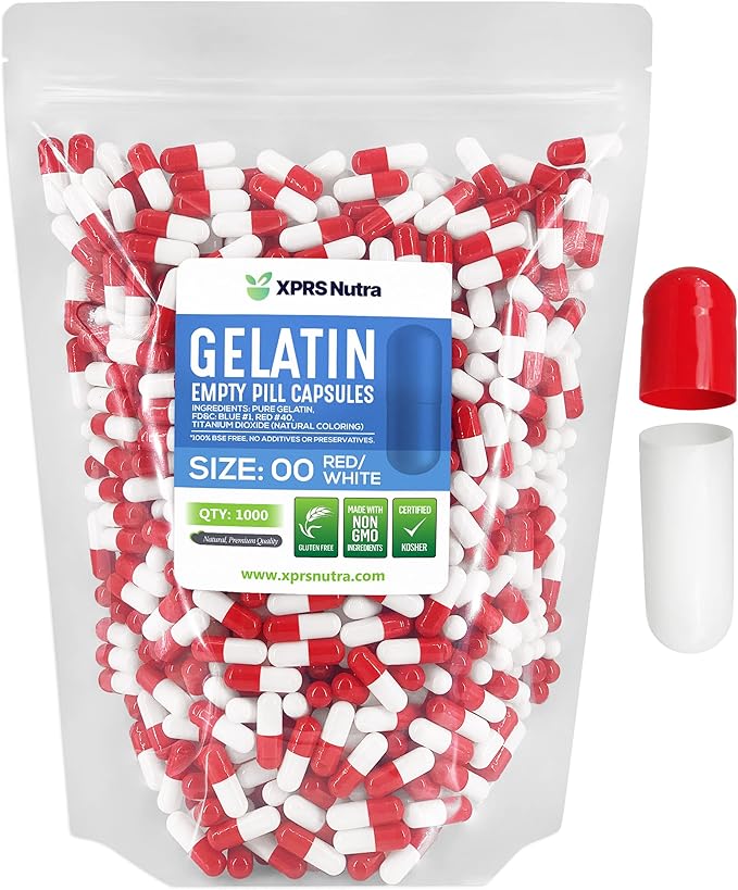 XPRS Nutra Size 00 Empty Capsules - 1000 Count Empty Gelatin Capsules - Empty Pill Capsules - DIY Capsule Filling - Fillable Pill Capsules Empty Gel Caps (Red/White)