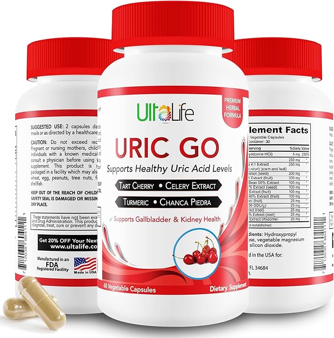 #1 URIC GO Uric Acid Cleanse Support Supplement for G.O.U.T - Natural Kidney Cleanse Detox Formula Chanca Piedra, Celery Seed, Tart Cherry, Cranberry, Pomegranate, Turmeric, Vegan Non-GMO 60 Capsules