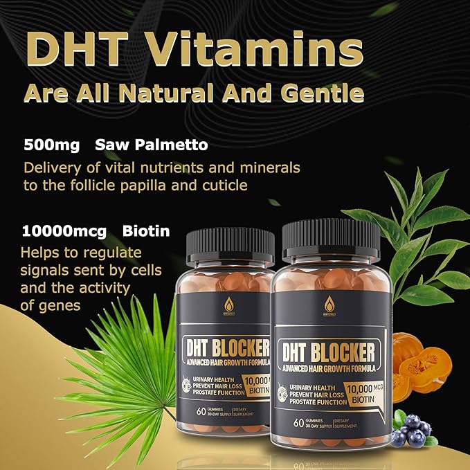 DHT Blocker Gummies Hair Growth Supplement, Super Potency Saw Palmetto & Biotin 10000 mcg for Women & Men, Plus 12 Proprietary Blend - Prevent Hair Loss, Blocking DHT Receptors, 2Pc/120ct