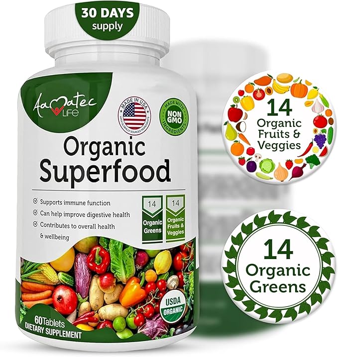 Organic Superfood Greens Fruits and Veggies Complex - Best Dietary Supplement with 14 Greens and 14 Fruits & Vegetables with Alfalfa Rich in Antioxidants Organic Ingredients Non-GMO 240 Tablets