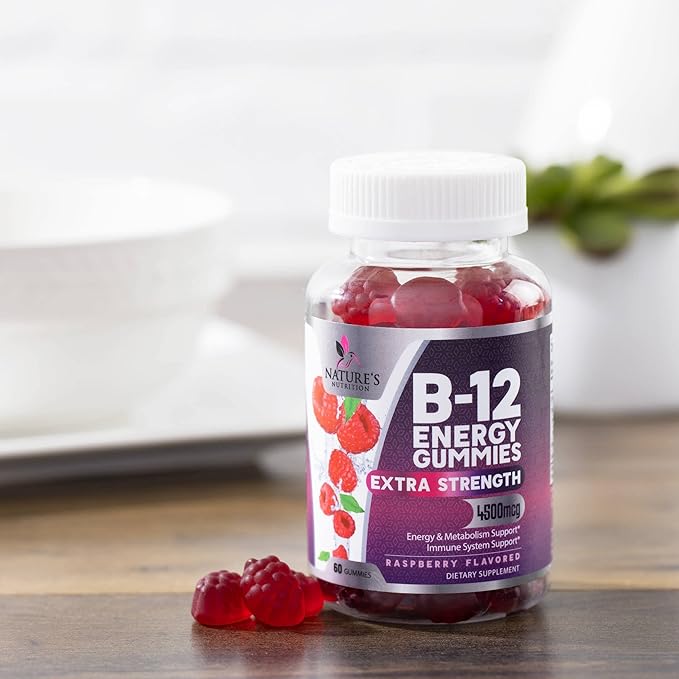 Vitamin B12 Energy Gummies - Extra Strength 4500mcg Chewable for Energy & Nervous System Health Support, B-12 Complex Gummy Vitamin for Women, Men, Kids - Non-GMO, Vegan, Berry Flavor - 60 Gummies