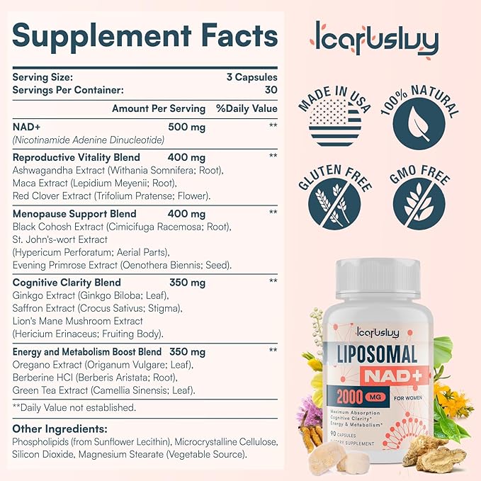 2000MG Liposomal NAD+ for Women, NAD+ Supplement, with Ashwagandha, Maca, Black Cohosh & Ginkgo Biloba, Max Absorption, NAD Plus - Menopause, Cognitive Clarity, Energy, Aging Defense, 90 Capsules