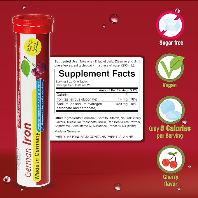 German Pink Power Package 60 Servings - Vegan, Zero Sugar - Drink Effervescent Tablets - Iron and Multivitamin - T&D Pharma - Made in Germany
