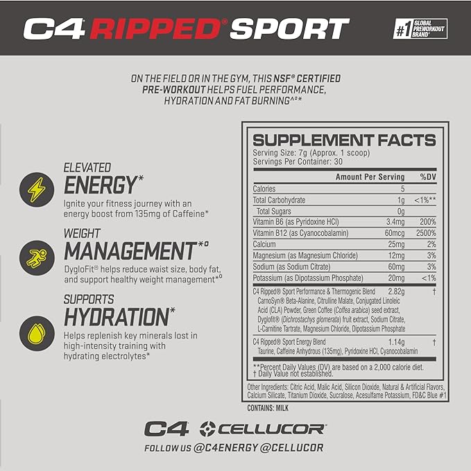 C4 Ripped Sport Pre Workout Powder Arctic Snow Cone - NSF Certified for Sport + Sugar Free Preworkout Energy Supplement for Men & Women - 135mg Caffeine + Weight Loss - 30 Servings