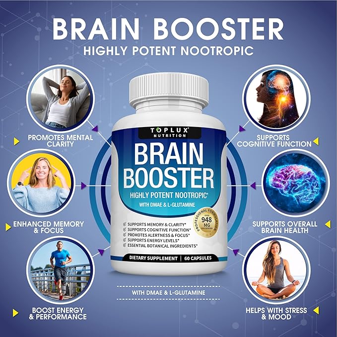 Toplux Brain Supplement Nootropic – Brain Pills Vitamin with DMAE, Bacopa Monnieri, L-Gutamine, for Men Women, 60 Capsules, Nutrition