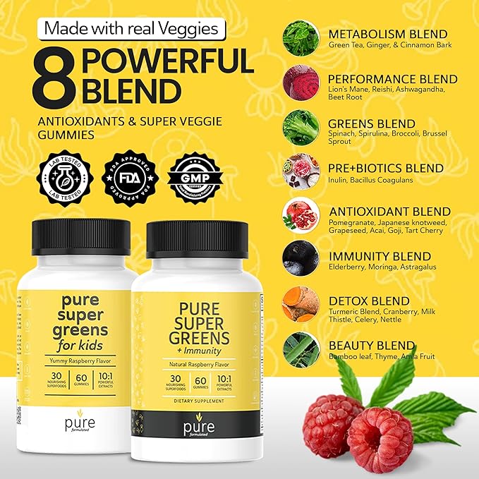 Super Greens Multivitamin Gummies for Men & Women - Adult Immune Support Gummies - 30 Superfoods Vegan Supplements - Natural Raspberry Flavor (60 Count)