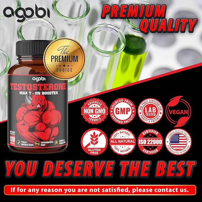 agobi 11in1 Testosterone Supplement for Men from Herbal Extract 14000mg Equivalent - Endurance, Drive, and Body Support 120 Vegan Capsules for 2 Months