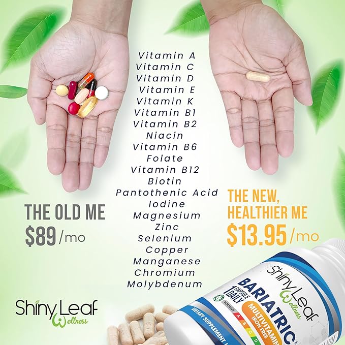 Shiny Leaf Bariatric Multivitamin Iron-Free Capsules for Post Bariatric Surgery Patients, Once Daily Bariatric Vitamins Without Iron for WLS, Sleeve, Gastric Bypass Surgery (1 Month / 30 Caps)
