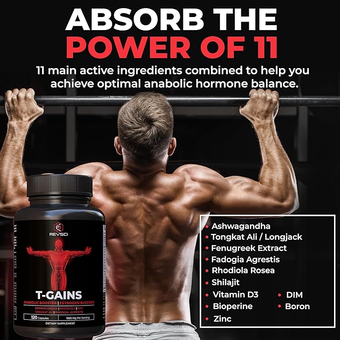 Anabolic Booster & Muscle Builder for Men, Total GAINS Muscle Growth & Estrogen Blocker for Men, Ashwagandha Shilajit for Men, Fadogia Agrestis Tongkat Ali for Men, HGH Supplements for Men, 120 Count