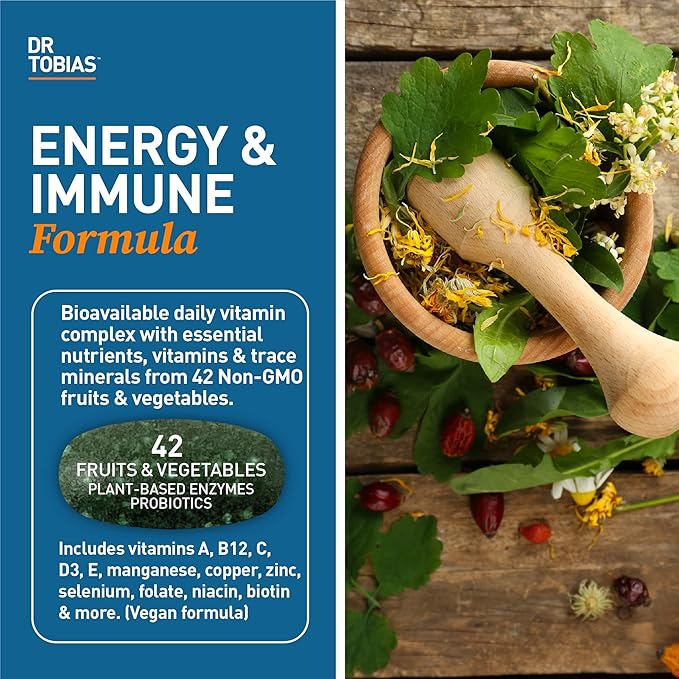Dr. Tobias Adult Multivitamin for Women & Men, Energy & Immune Support from 42 Fruits & Vegetables Plus Probiotics, Comprehensive Daily Multivitamins for Men & Women, Non-GMO, 180 Tablets, 60 Servings
