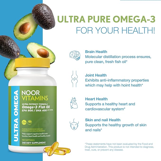 Noor Vitamins Halal Fish Oil, Halal Vitamins, Fish Oil Halal, Ultra Omega 3 Wild Peruvian Fish Oil (800 mg EPA & 400 mg DHA) Heart, Brain & Joint Support, Non-GMO & Gluten Free (120 Count)